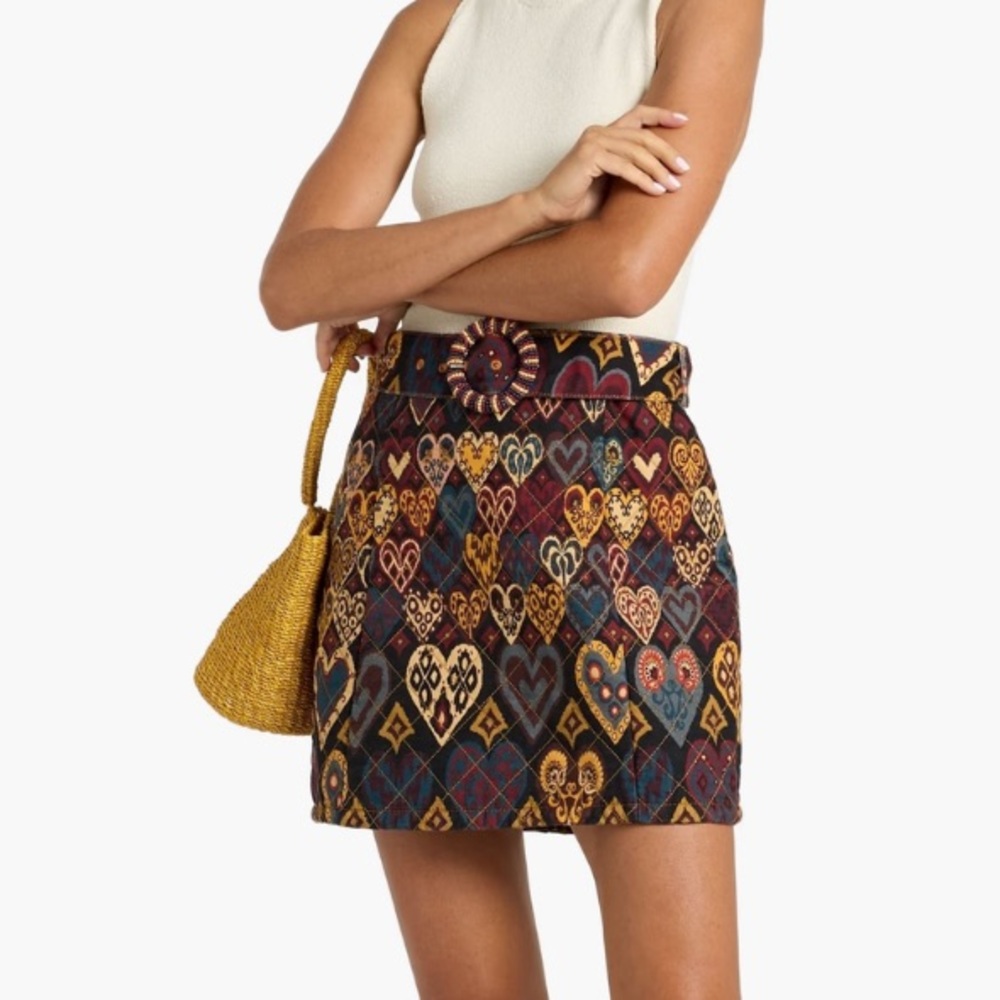 NWT NEW FARM Rio Multicolor Heart Hearts Ikat Quilted Belt Mini Skirt 26 SMALL